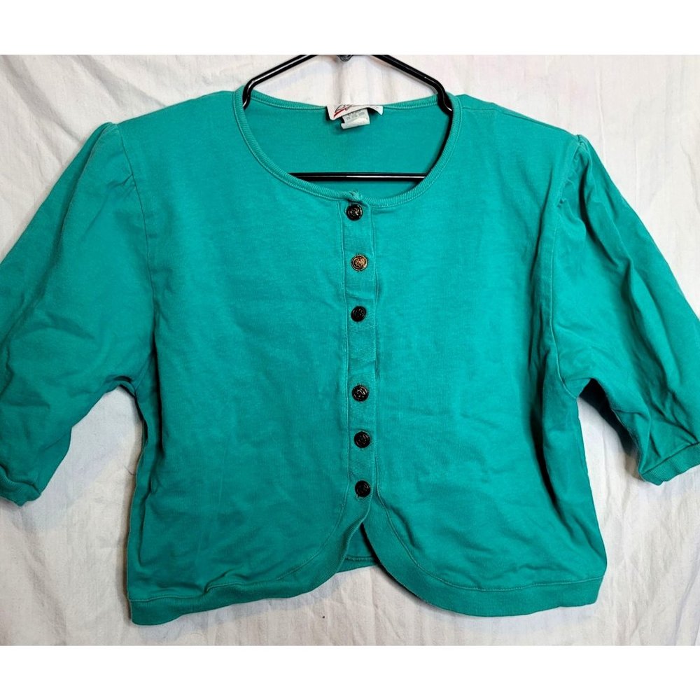 Vintage 80s Button Up Crop Top Short Sleeve Shirt Teal Green Shoulder Pads Large